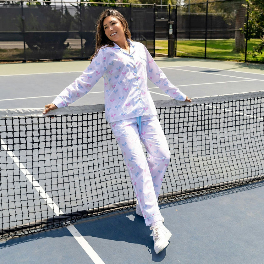 Women's Tennis Bows Long PJ Set - Blue Pink Organic Cotton Poplin