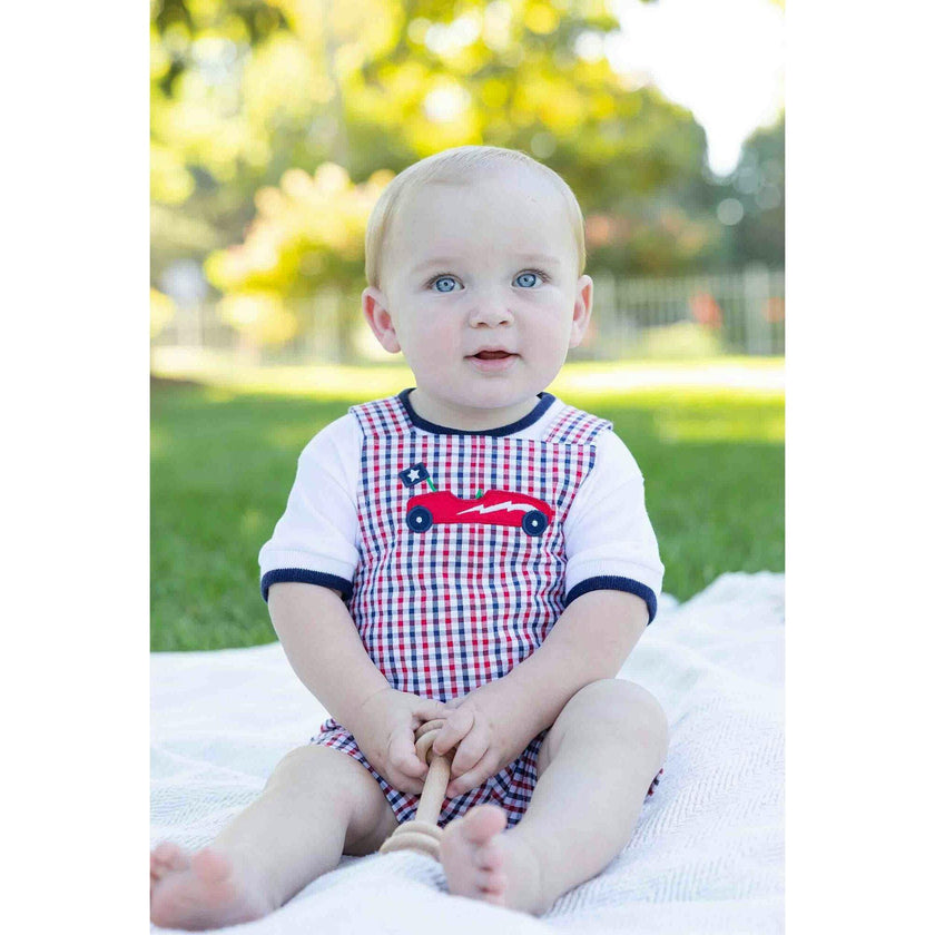 Plaid Seersucker Shortall With Derby Car