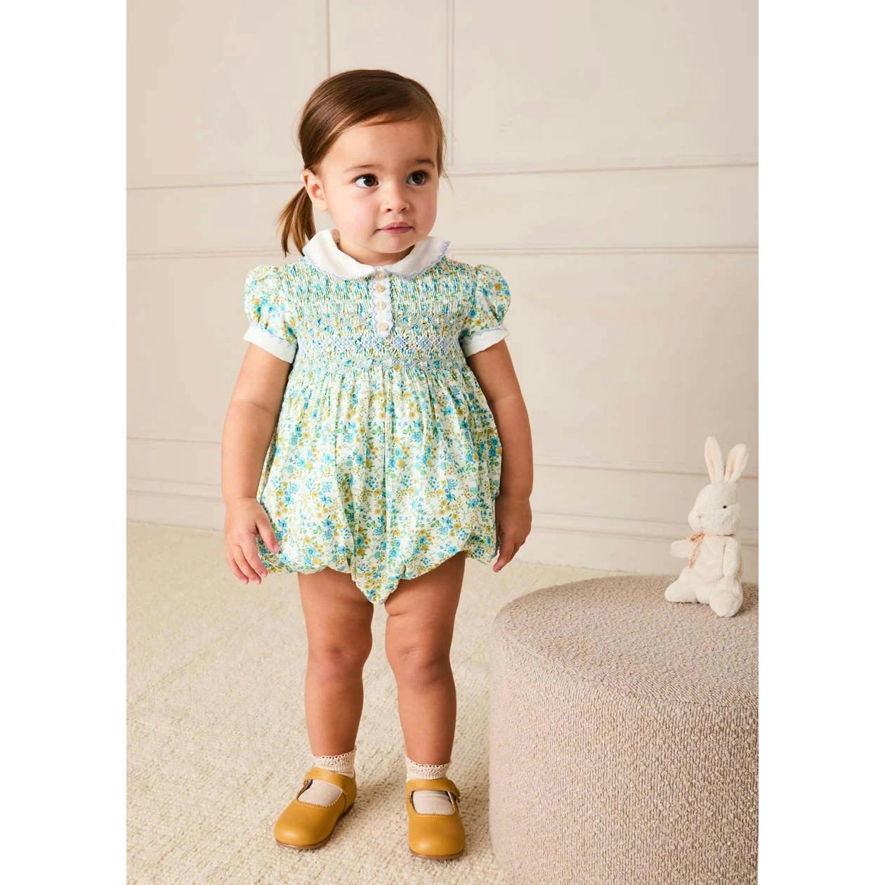 Louisa Floral Hand Smocked Short Sleeve Romper in Blue (3mths-2yrs)
