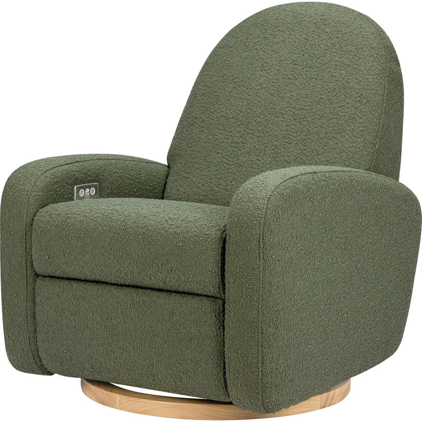 Nami Electronic Recliner & Swivel Glider Recliner With Usb Port in Olive Boucle with Light Wood Base