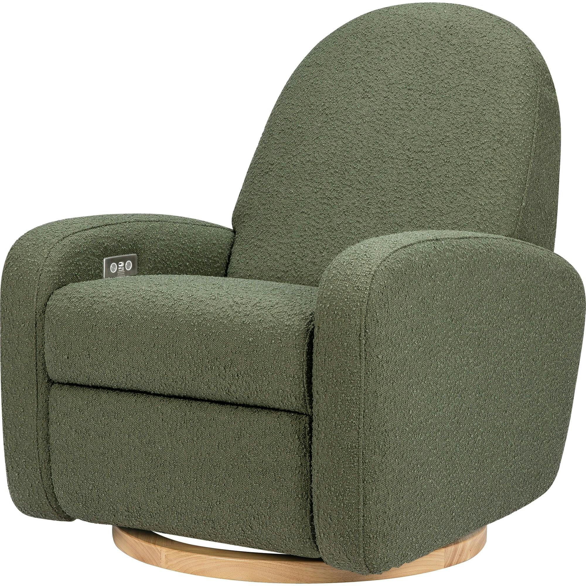 Nami Electronic Recliner & Swivel Glider Recliner With Usb Port in Olive Boucle with Light Wood Base