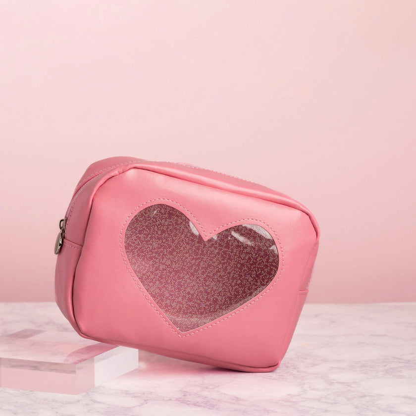 Pink Glitter Heart Cosmetic Bag