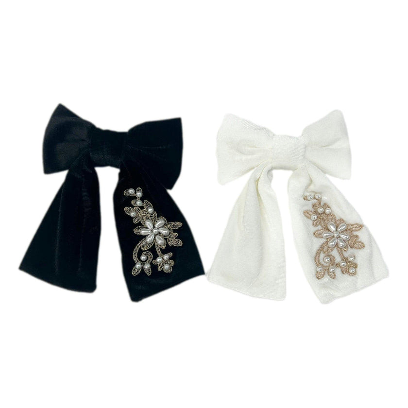 Embroidered Velvet Pearl Hair Bow