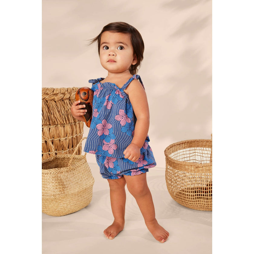 Baby Tie Shoulder Smocked Chest & Hem Set, Blue