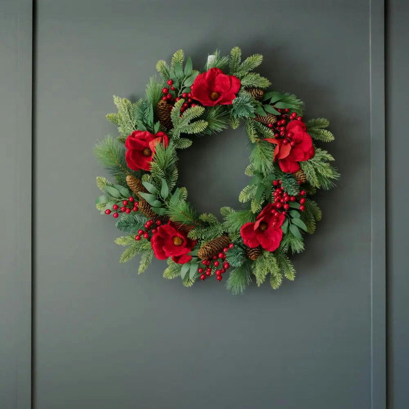 26" Red Magnolia, Pinecone & Berry Wreath Pre-Lit