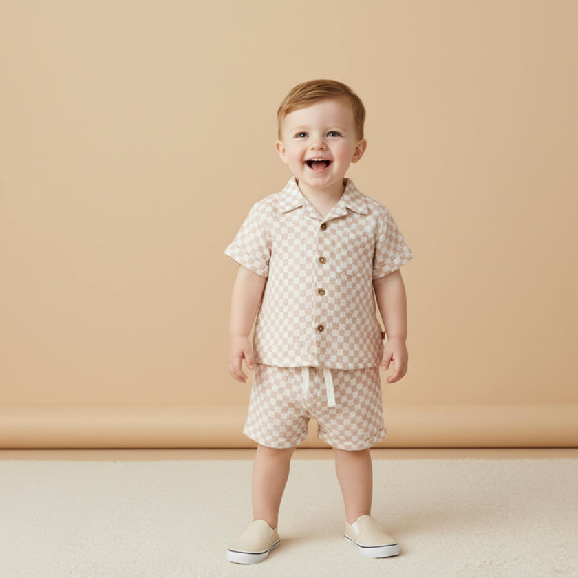Organic Shirt & Shorts Set - Brick Checks