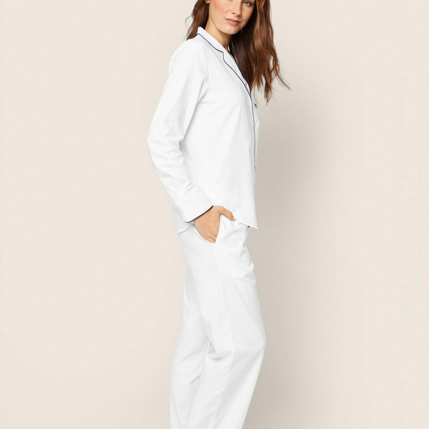 Women's Twill Pajama Set in White with Navy Piping