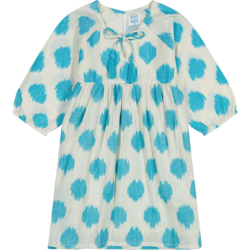Sara Girl's Popover Dress Cream Aqua Ikat, Blue