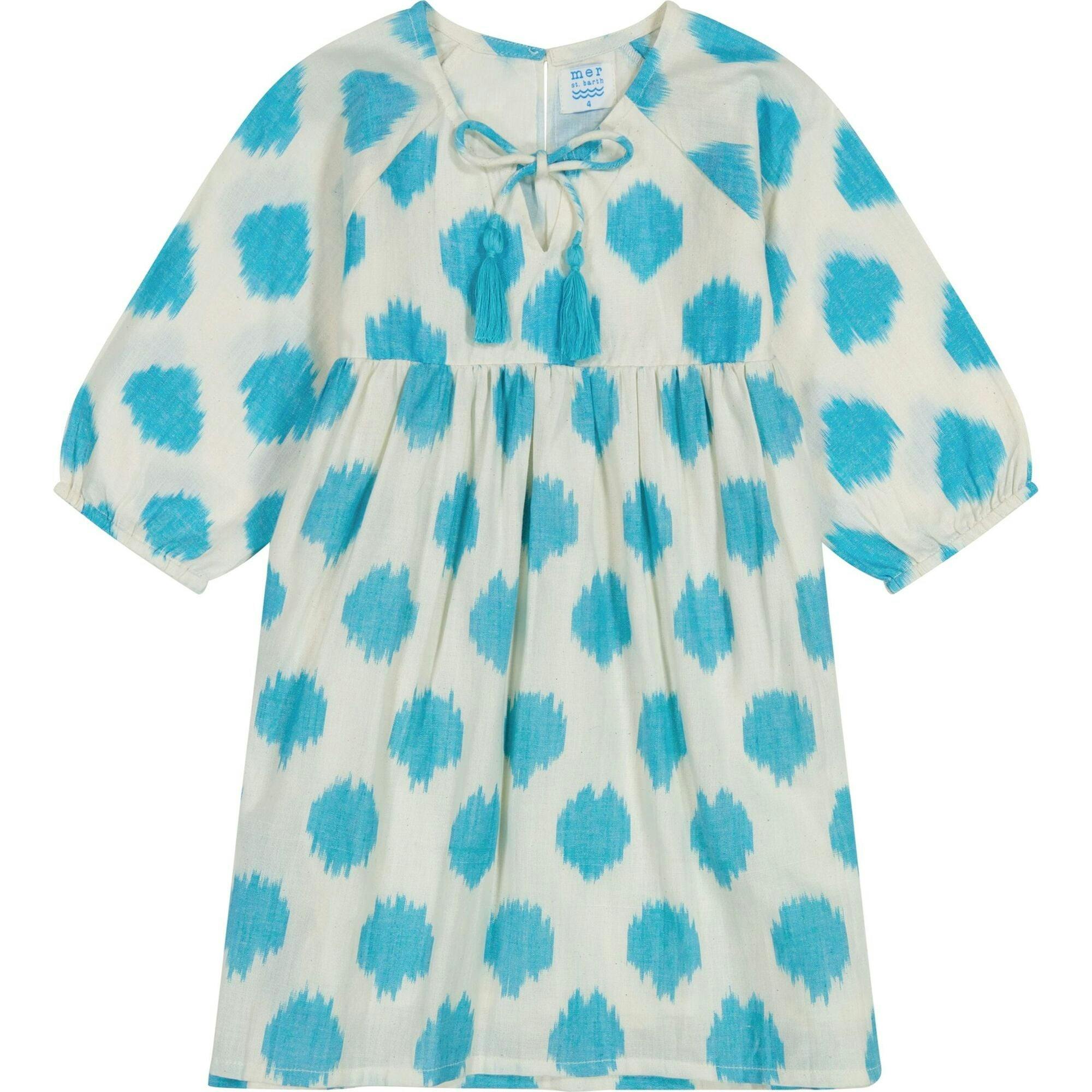 Sara Girl's Popover Dress Cream Aqua Ikat, Blue