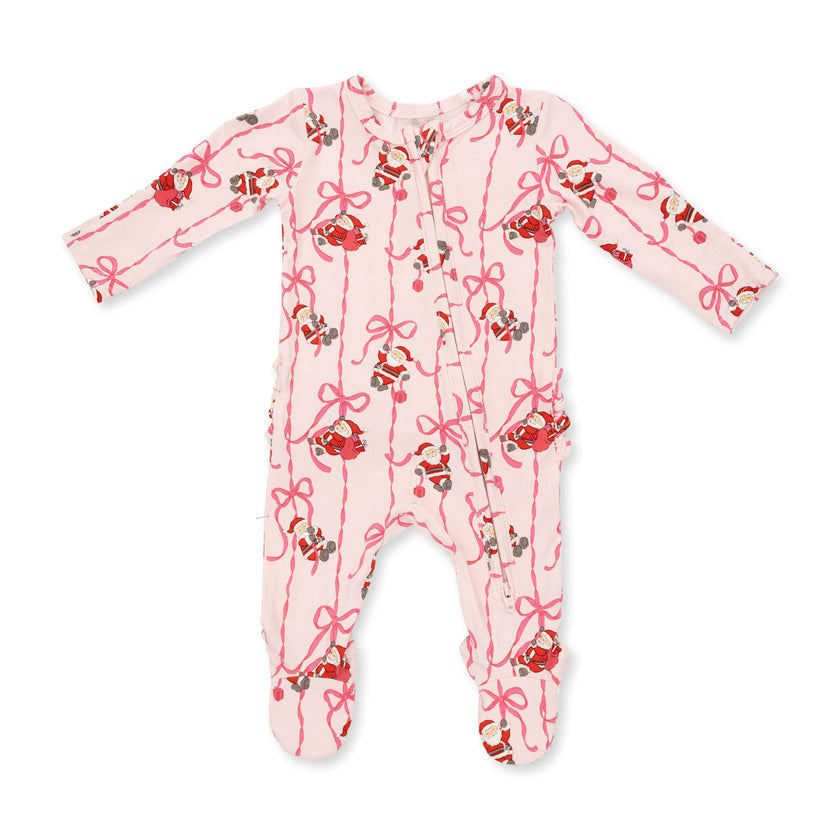 Bows & Santa - 2 Way Ruffle Back Zipper Footie