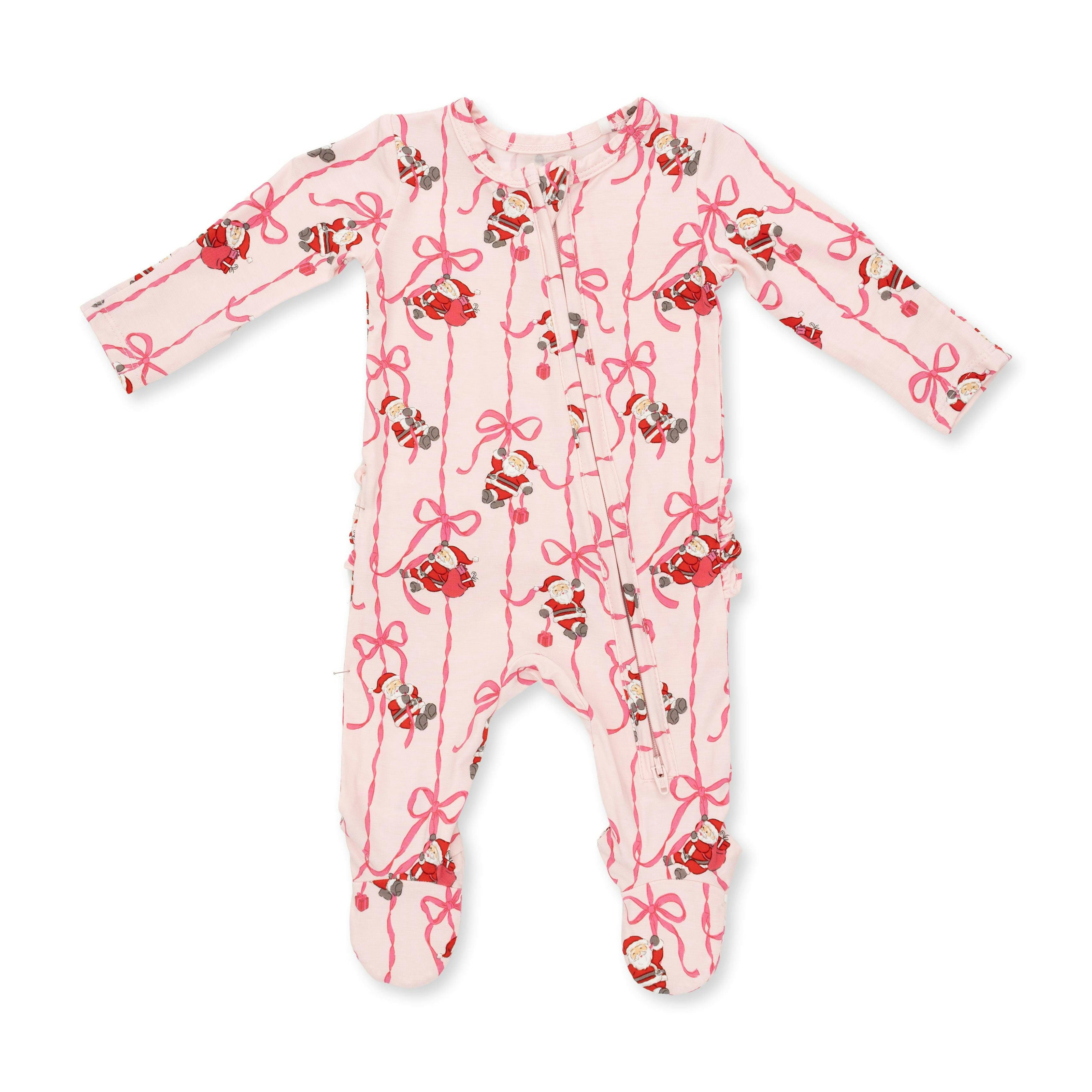 Bows & Santa - 2 Way Ruffle Back Zipper Footie