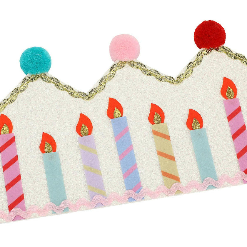 Packed Party Birthday Wishes Reusable Glitter Pom Pom Crown - Metallic Fabric Birthday Candle Crown with Multicolor Poms and Adjustable Satin Ties
