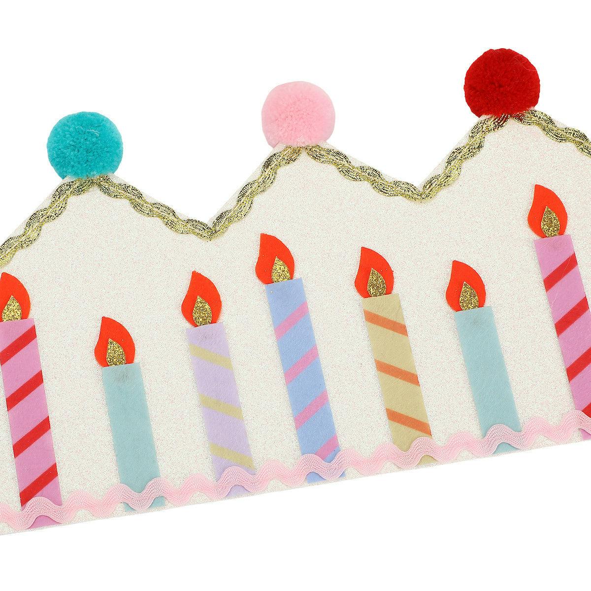 Packed Party Birthday Wishes Reusable Glitter Pom Pom Crown - Metallic Fabric Birthday Candle Crown with Multicolor Poms and Adjustable Satin Ties