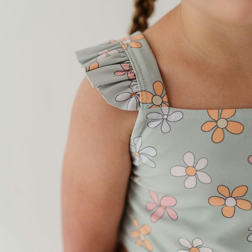 Girls Two-Piece Ruffle Swimsuit in Sketched Daisy
