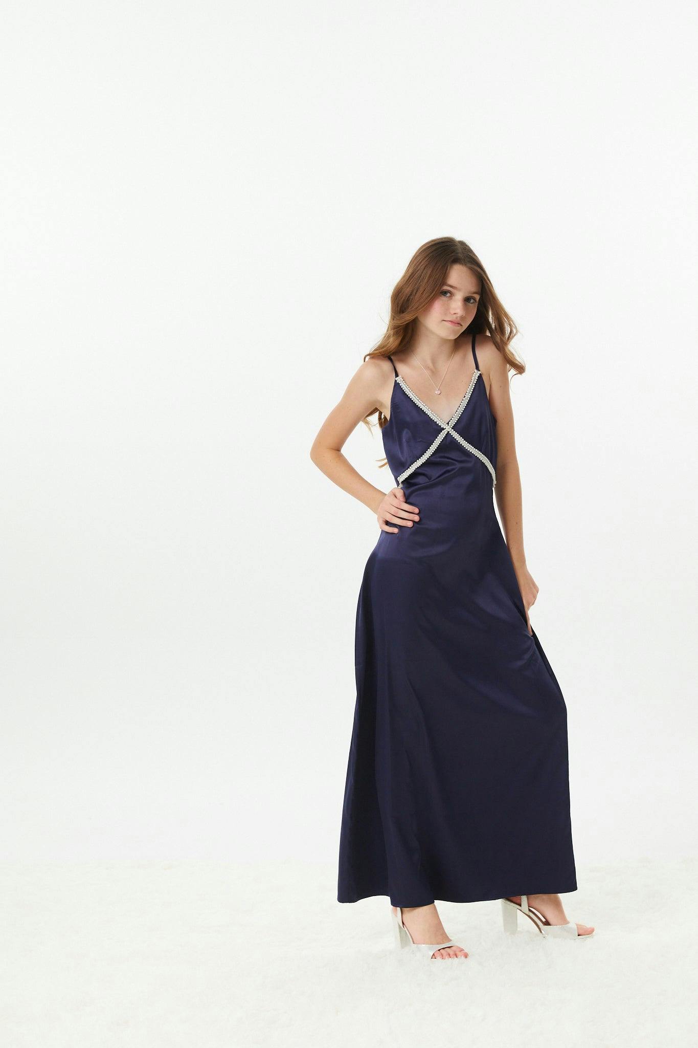 Miller Navy Satin Maxi Dress With Lace Trim