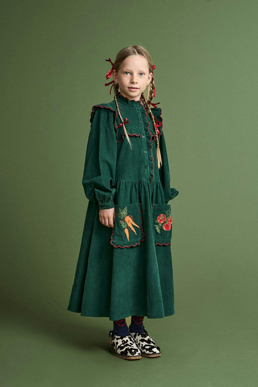 VEGETABLES EMBROIDERY MICROCORDUROY DRESS GREEN