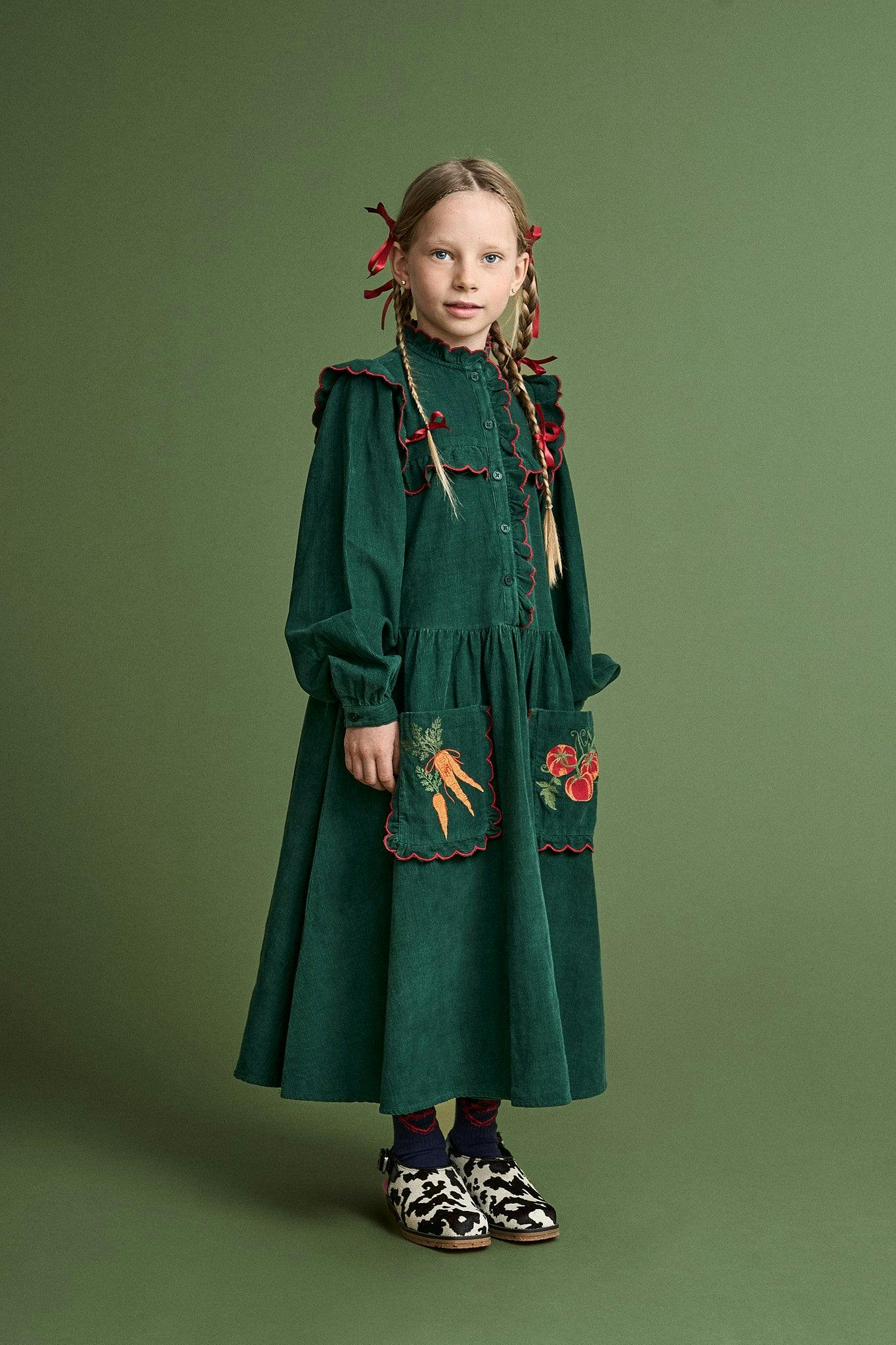 VEGETABLES EMBROIDERY MICROCORDUROY DRESS GREEN