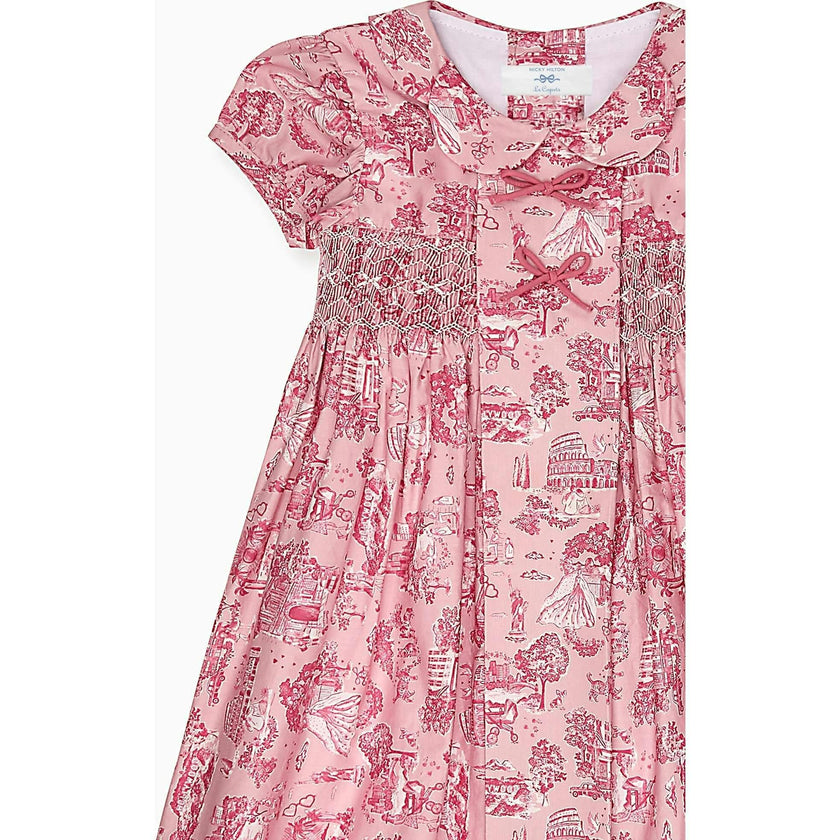 Nicky Hilton x La Coqueta Pink Toile de Jouy Theodora Girl Hand-Smocked Dress