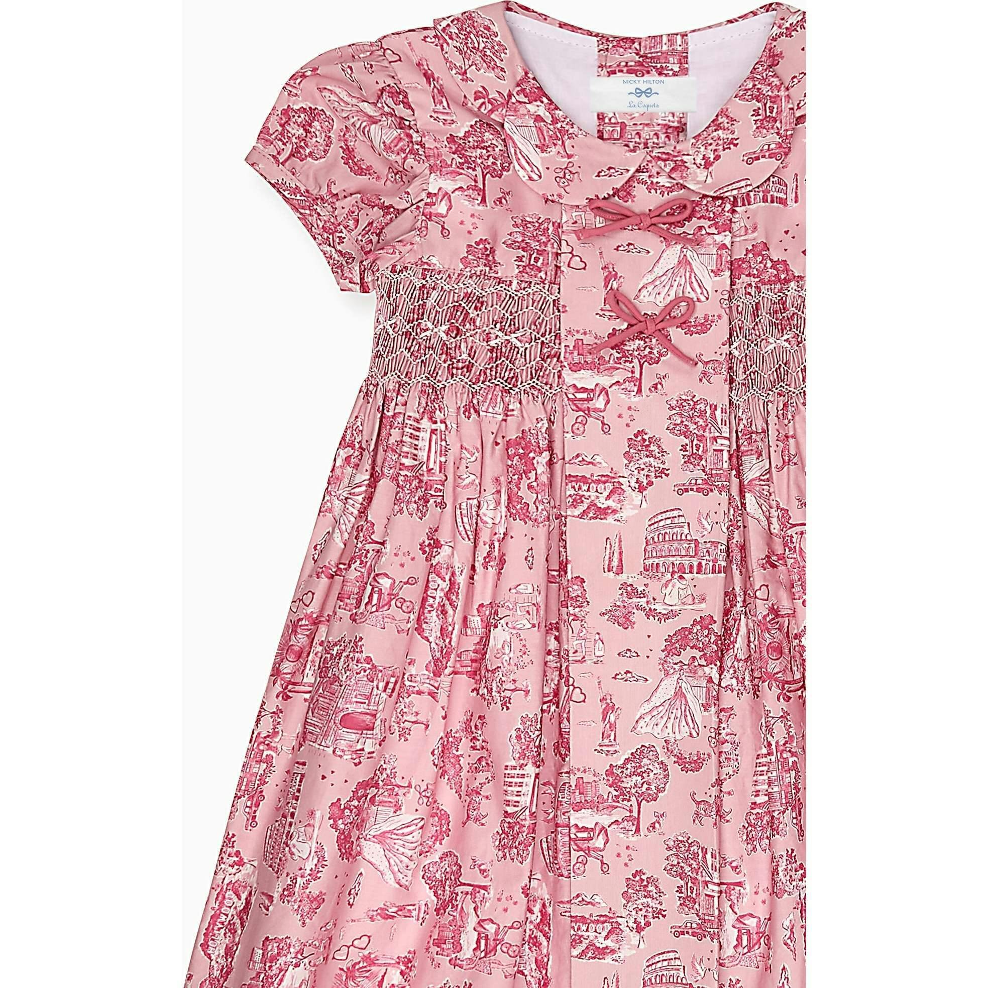 Nicky Hilton x La Coqueta Pink Toile de Jouy Theodora Girl Hand-Smocked Dress