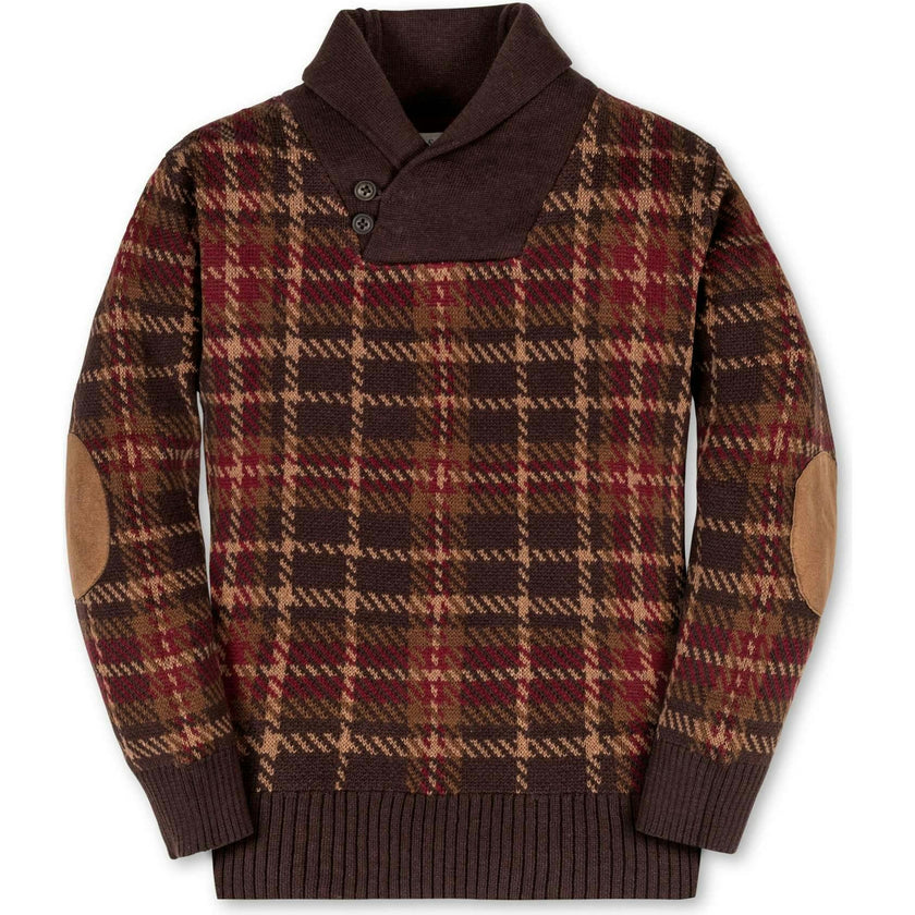Boy's Organic Long Sleeve Intarsia Shawl Collar Sweater with Elbow Patches, Brown