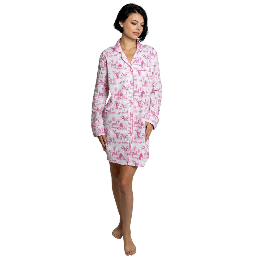 Women's Skydog Toile Pink Night Shirt - Organic Cotton Poplin