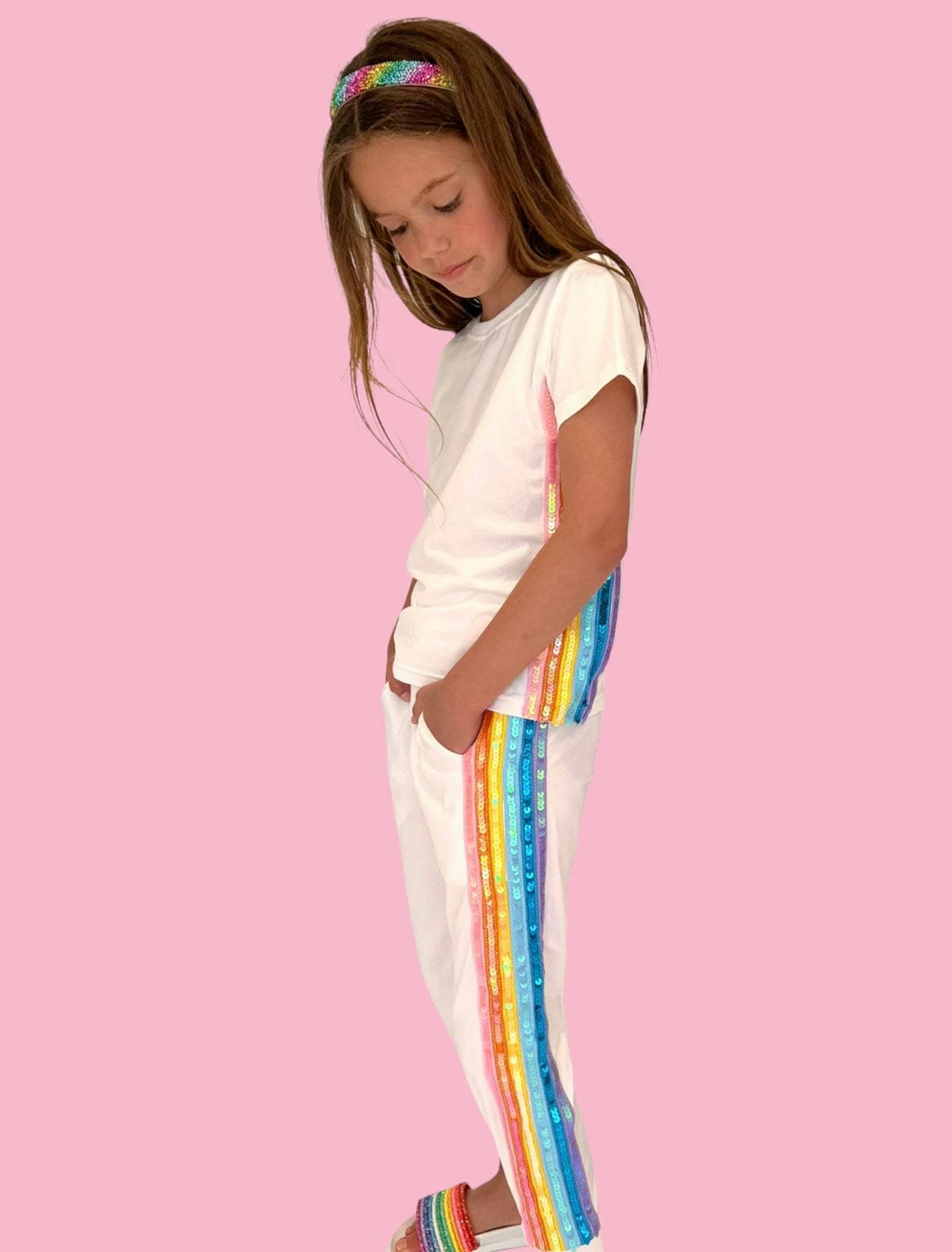 White Rainbow Sequin 2-Piece Jogger Set