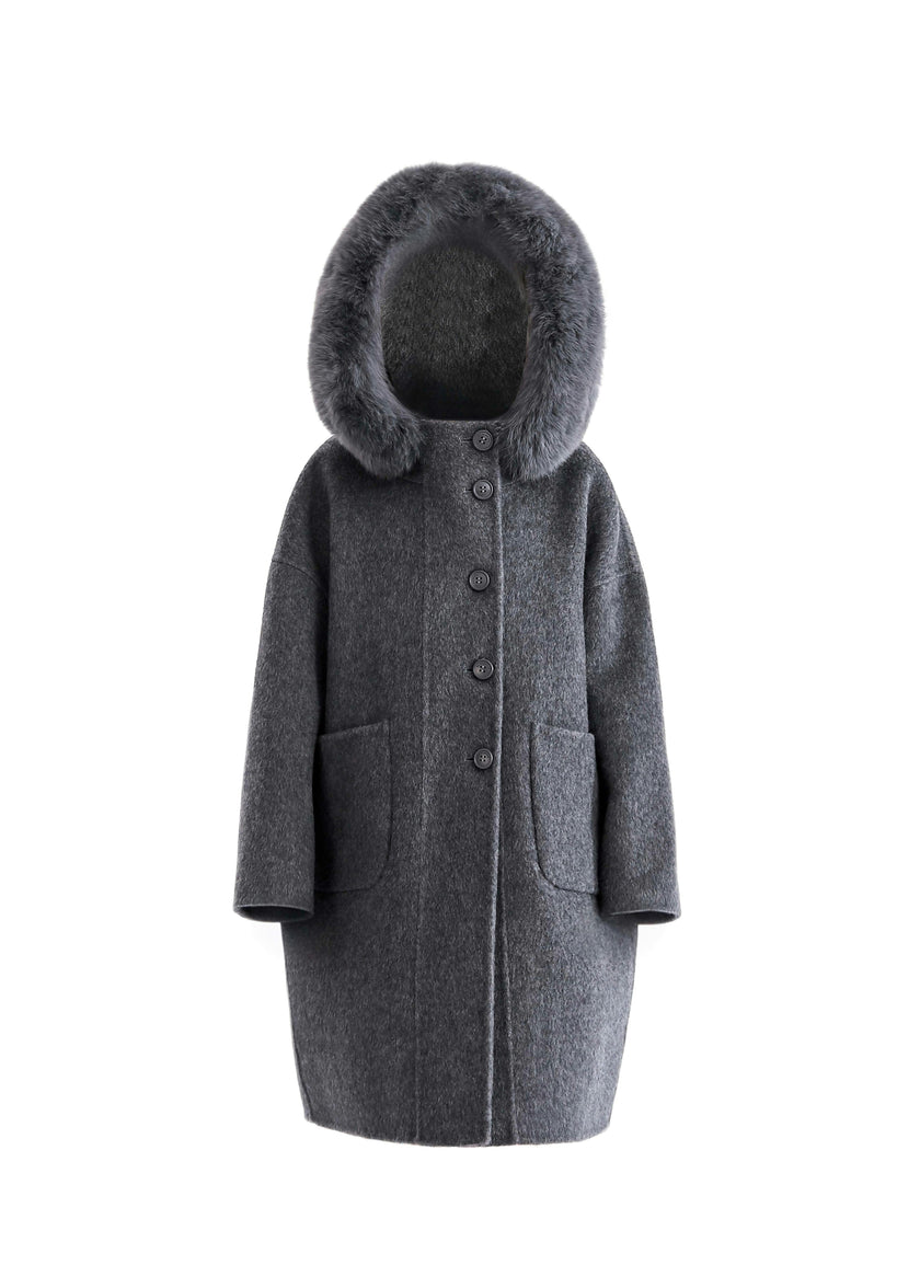 Gray Wool Coat with Faux Fur Hood