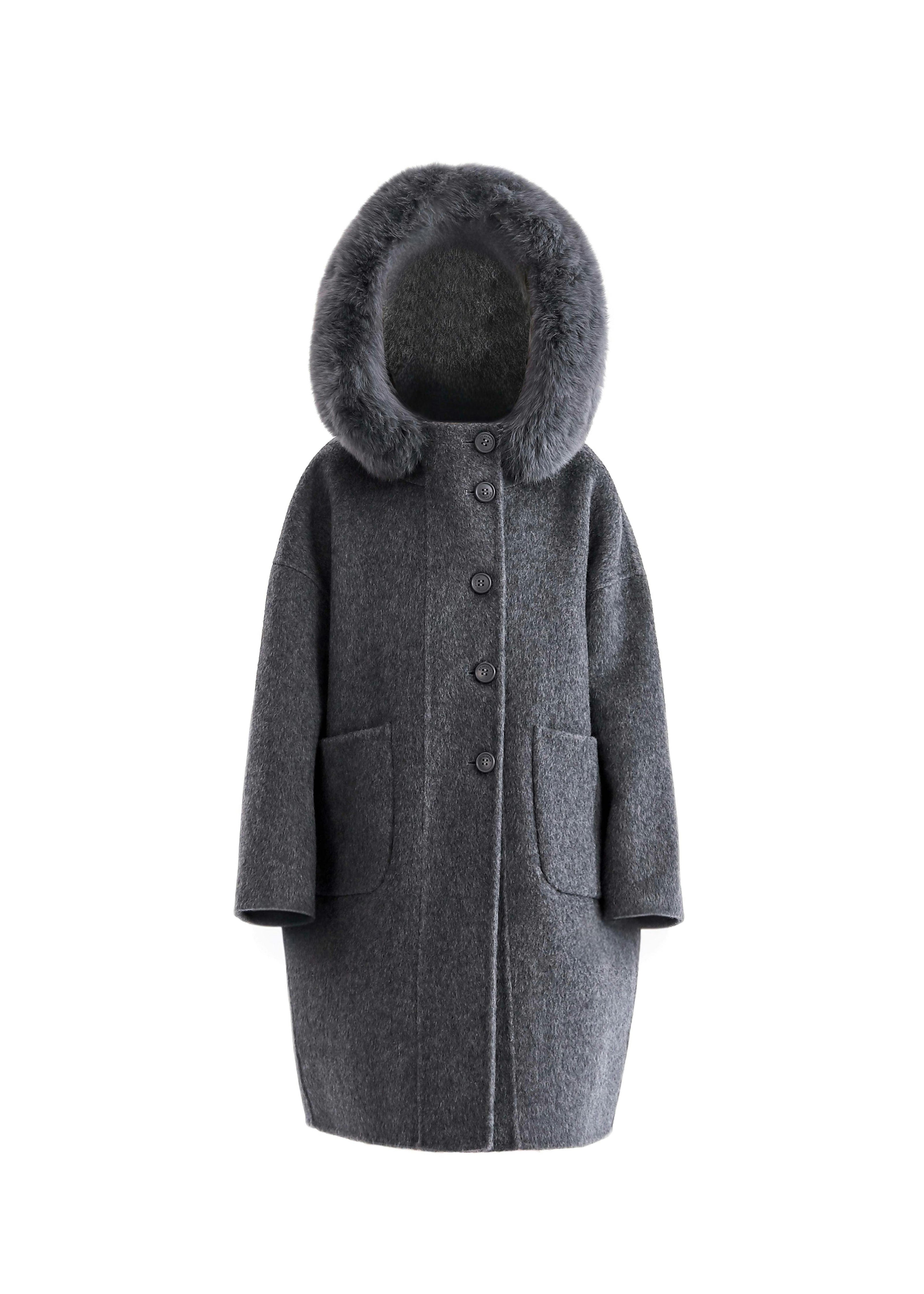 Gray Wool Coat with Faux Fur Hood