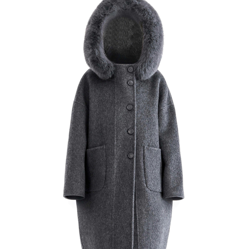 Gray Wool Coat with Faux Fur Hood