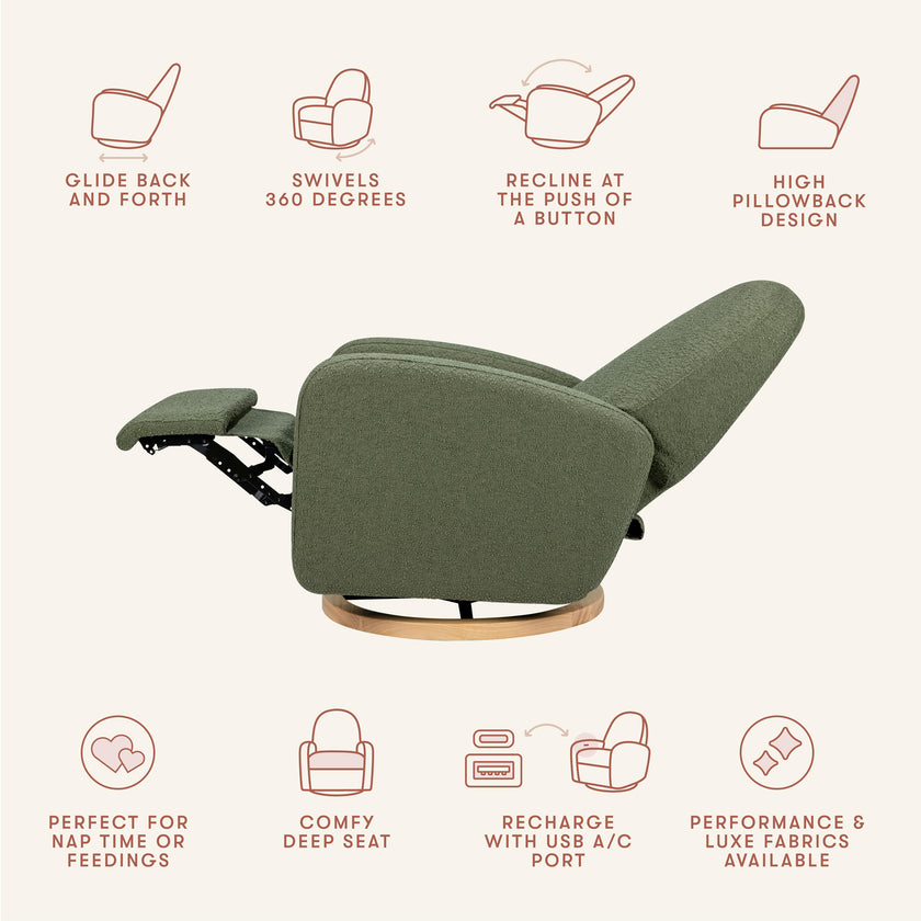 Nami Electronic Recliner & Swivel Glider Recliner With Usb Port in Olive Boucle with Light Wood Base