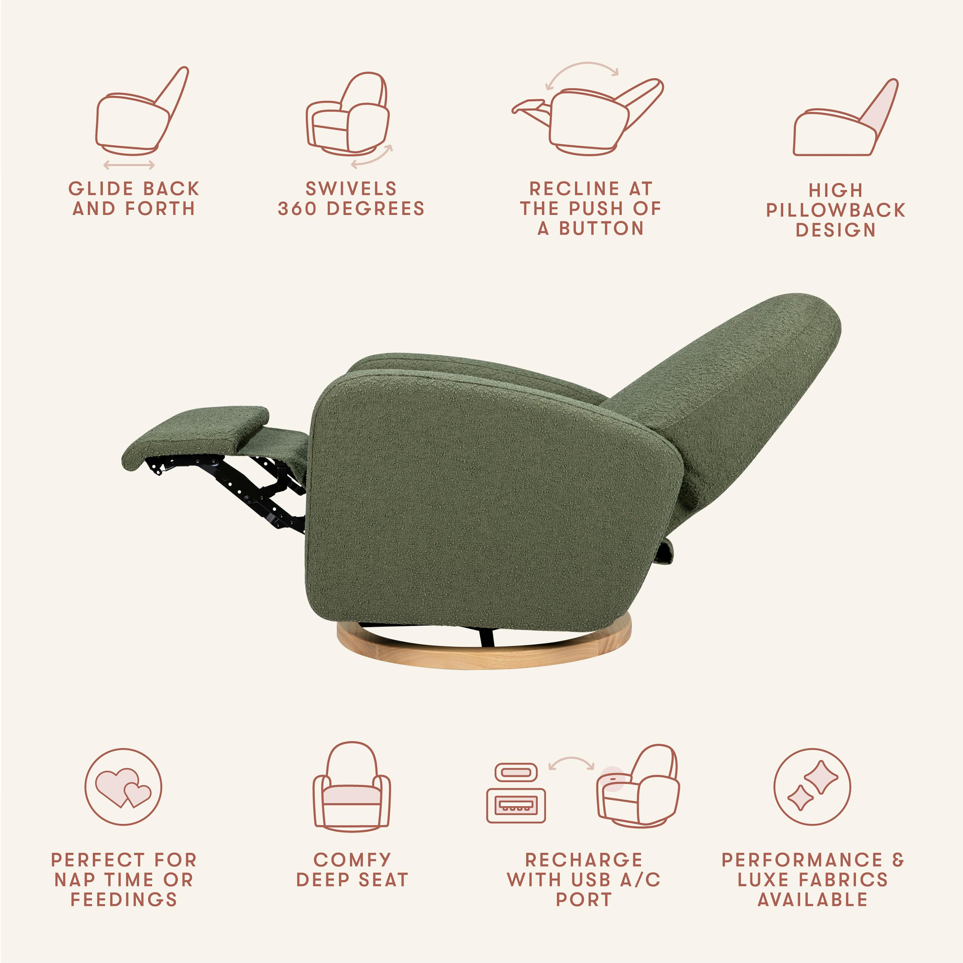 Nami Electronic Recliner & Swivel Glider Recliner With Usb Port in Olive Boucle with Light Wood Base