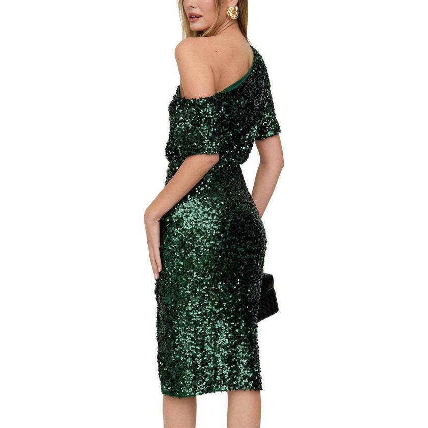 Nola Asymmetric Off Shoulder Sequins Midi Dress