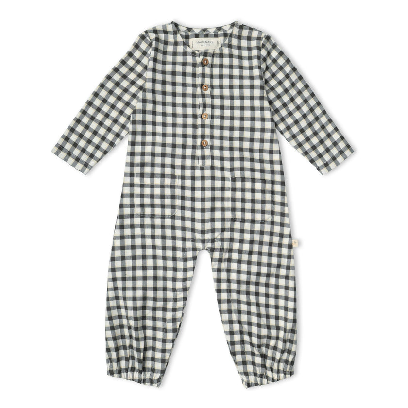 Organic Long Sleeve Button Romper - Charcoal Plaid