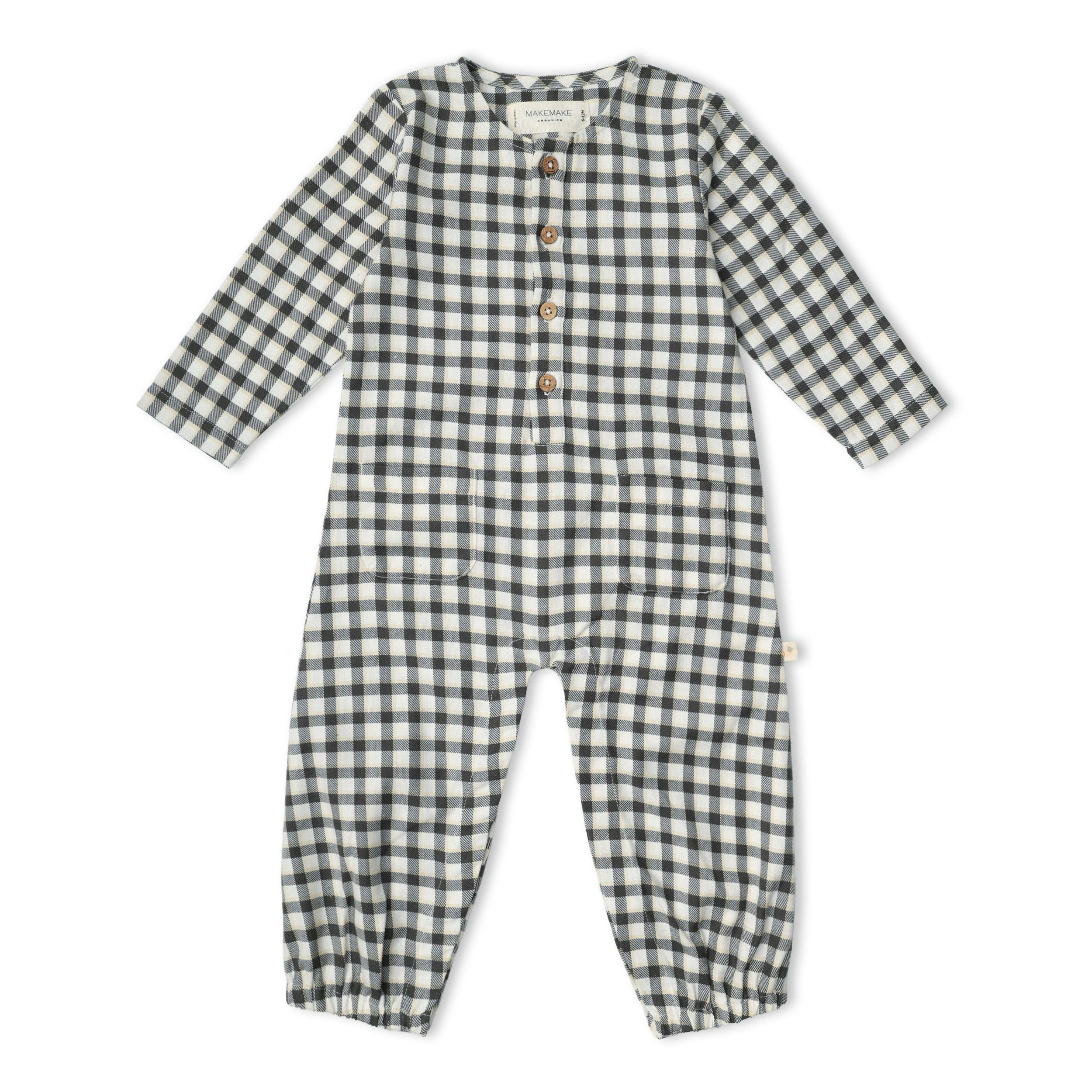 Organic Long Sleeve Button Romper - Charcoal Plaid