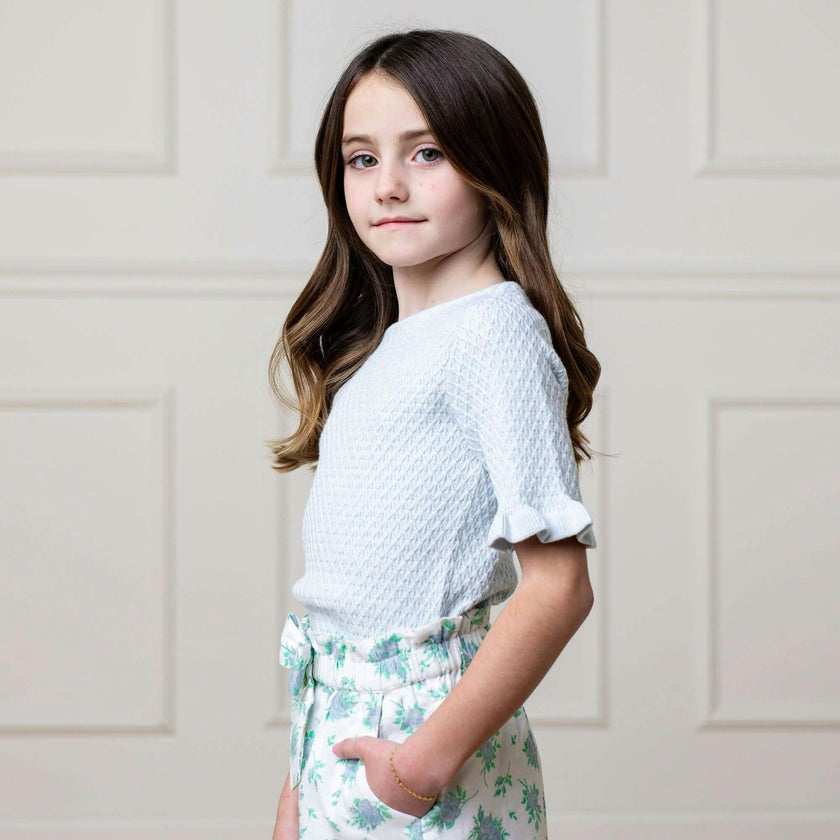 Organic Short Sleeve Ruffle Edge Sweater Knit Top, Blue