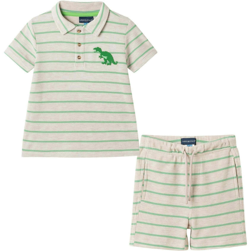 Boys Striped Waffle Polo Set | Oatmeal Dino