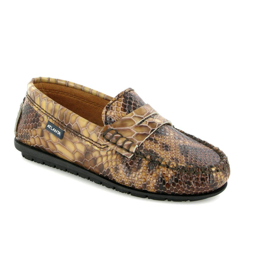 Snake Effect Leather Penny Moccasins, Camel