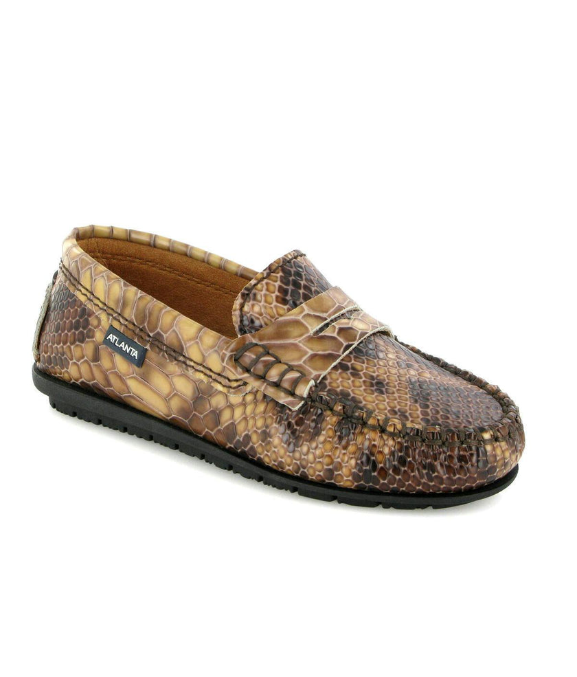 Snake Effect Leather Penny Moccasins, Camel