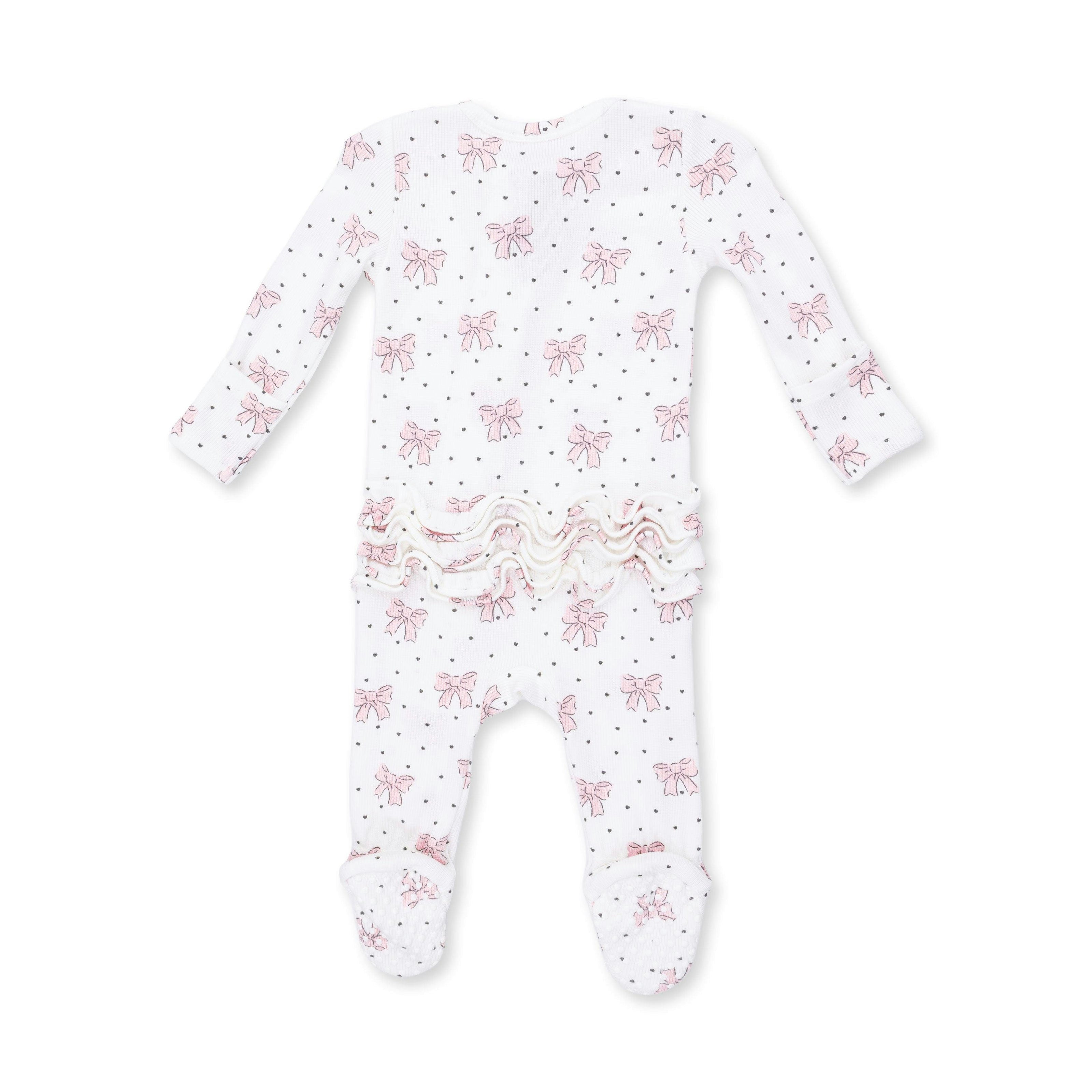 Bows and Hearts - 2 Way Ruffle Back Zipper Footie