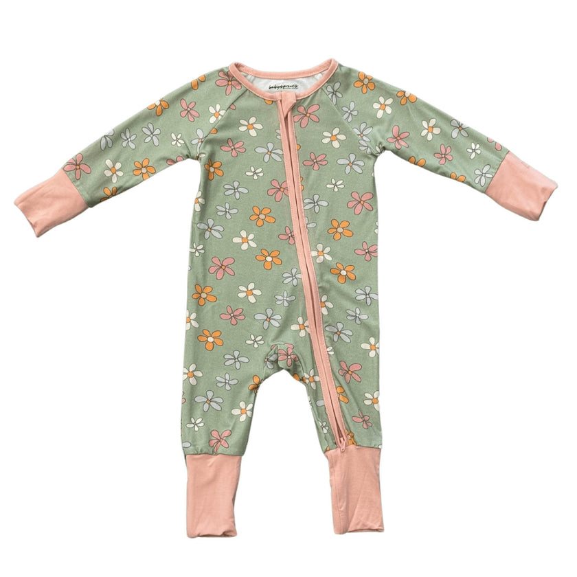 Baby Girl Long Sleeve Zip Romper in Sketched Daisy