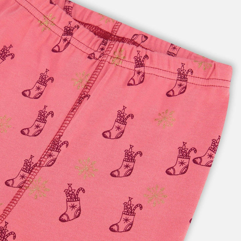 Organic Cotton Long Sleeve Two Piece Printed Christmas Stocking Pajama Set Pink