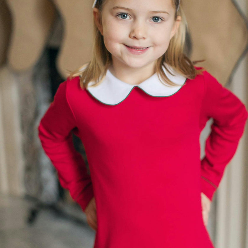 Lillian Girls' Dress Red with Green Piping