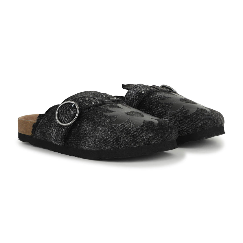Black Textured Buckle Slip-Ons