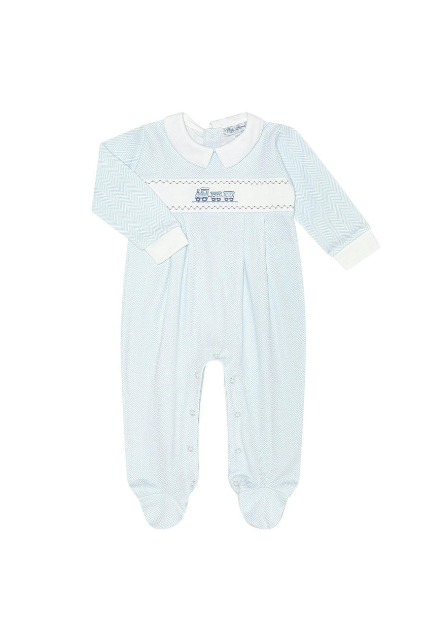 Blue Herringbone Embroidered Footie