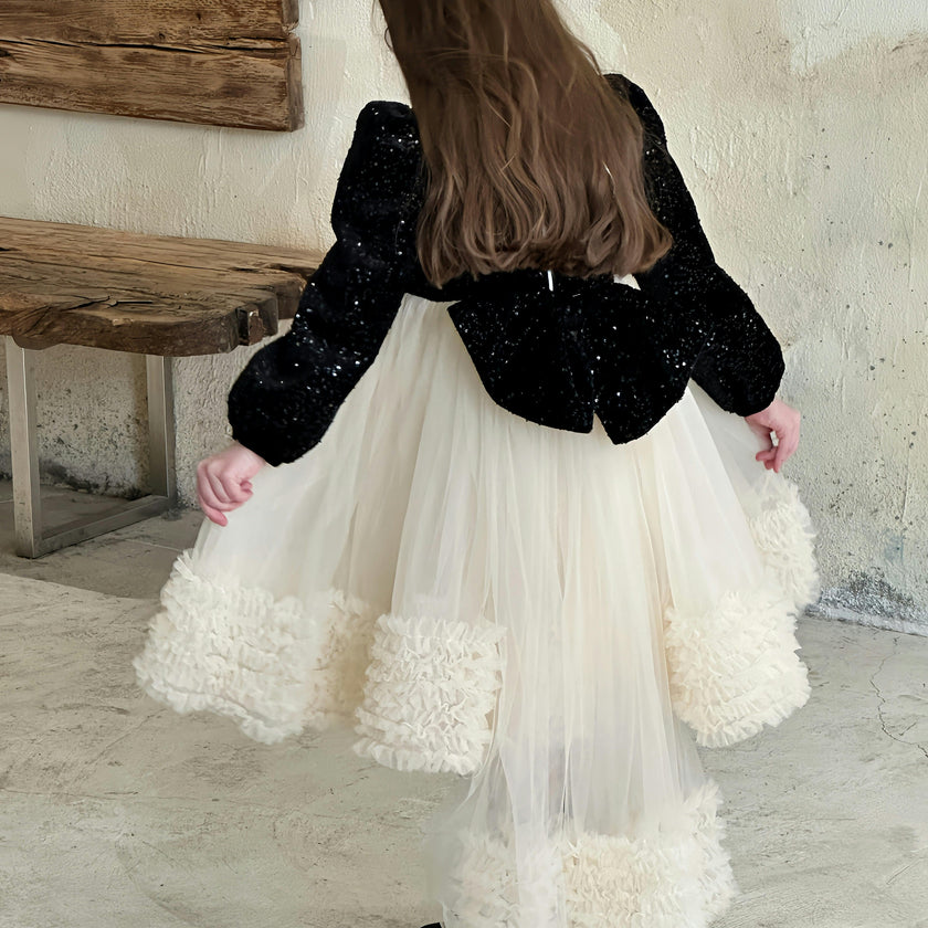 Black Glitter Bow-Back Tulle Gown