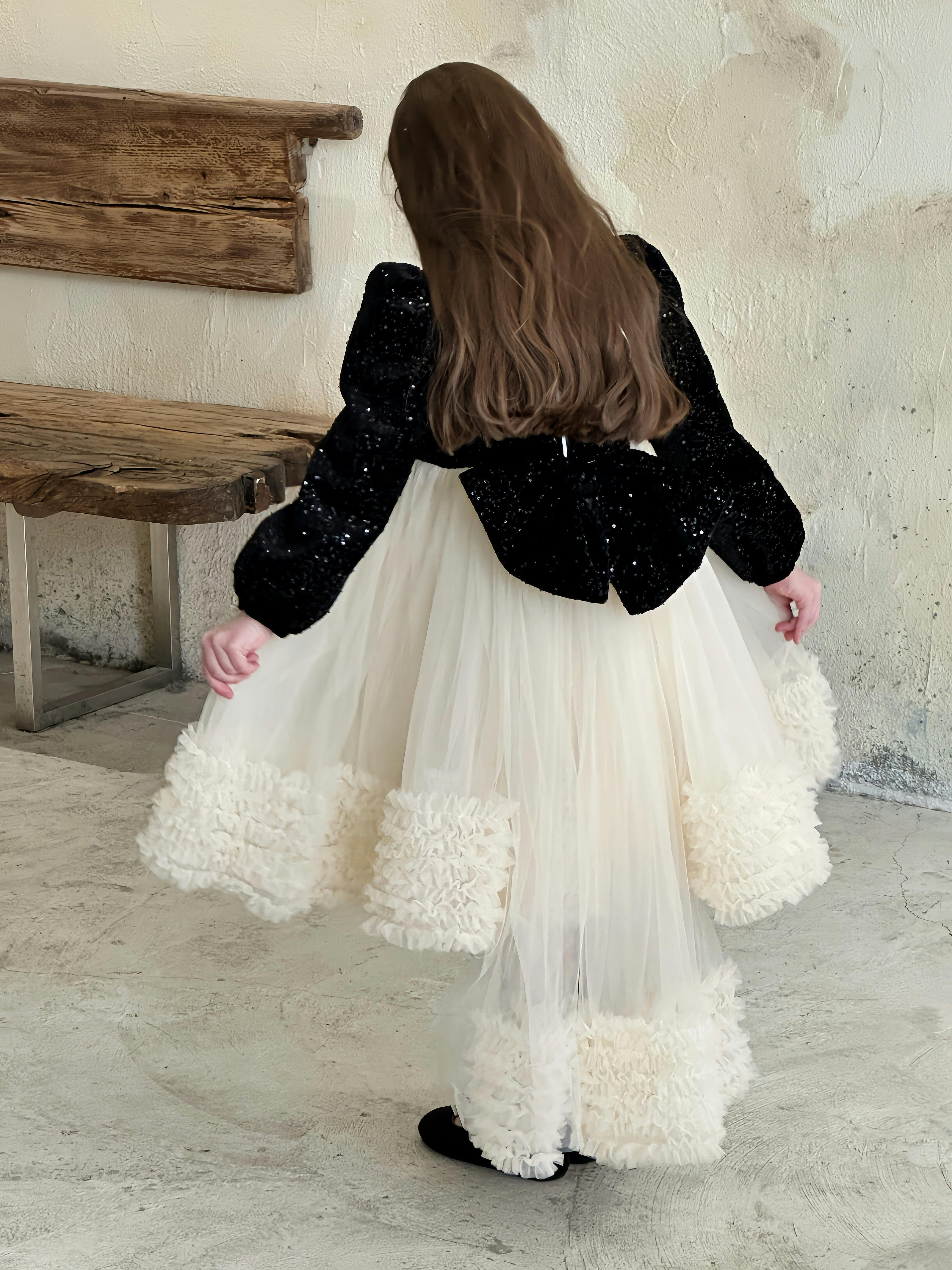 Black Glitter Bow-Back Tulle Gown