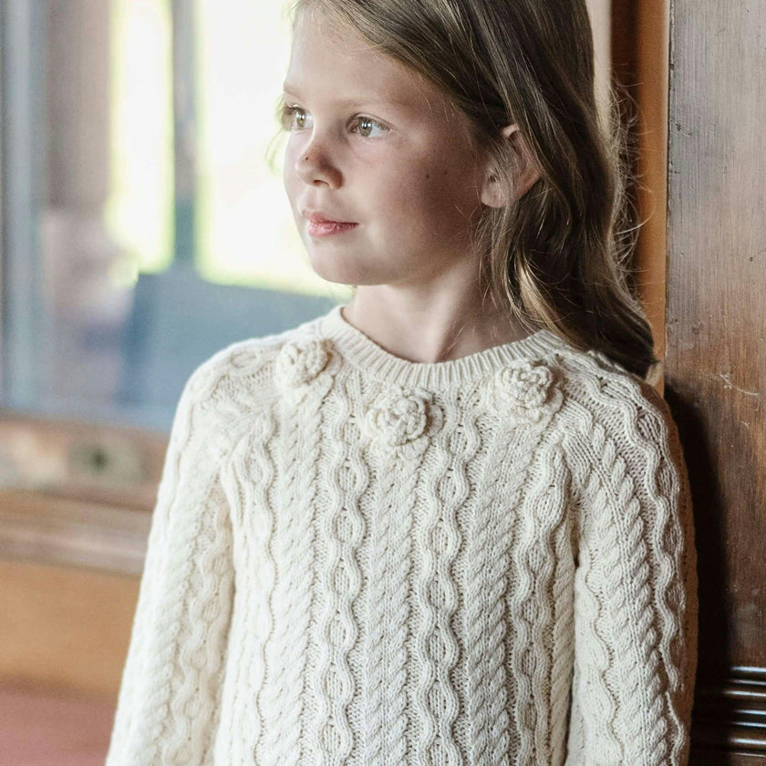 Girl's Organic Rosette Detail Cable Knit Sweater Dress, White