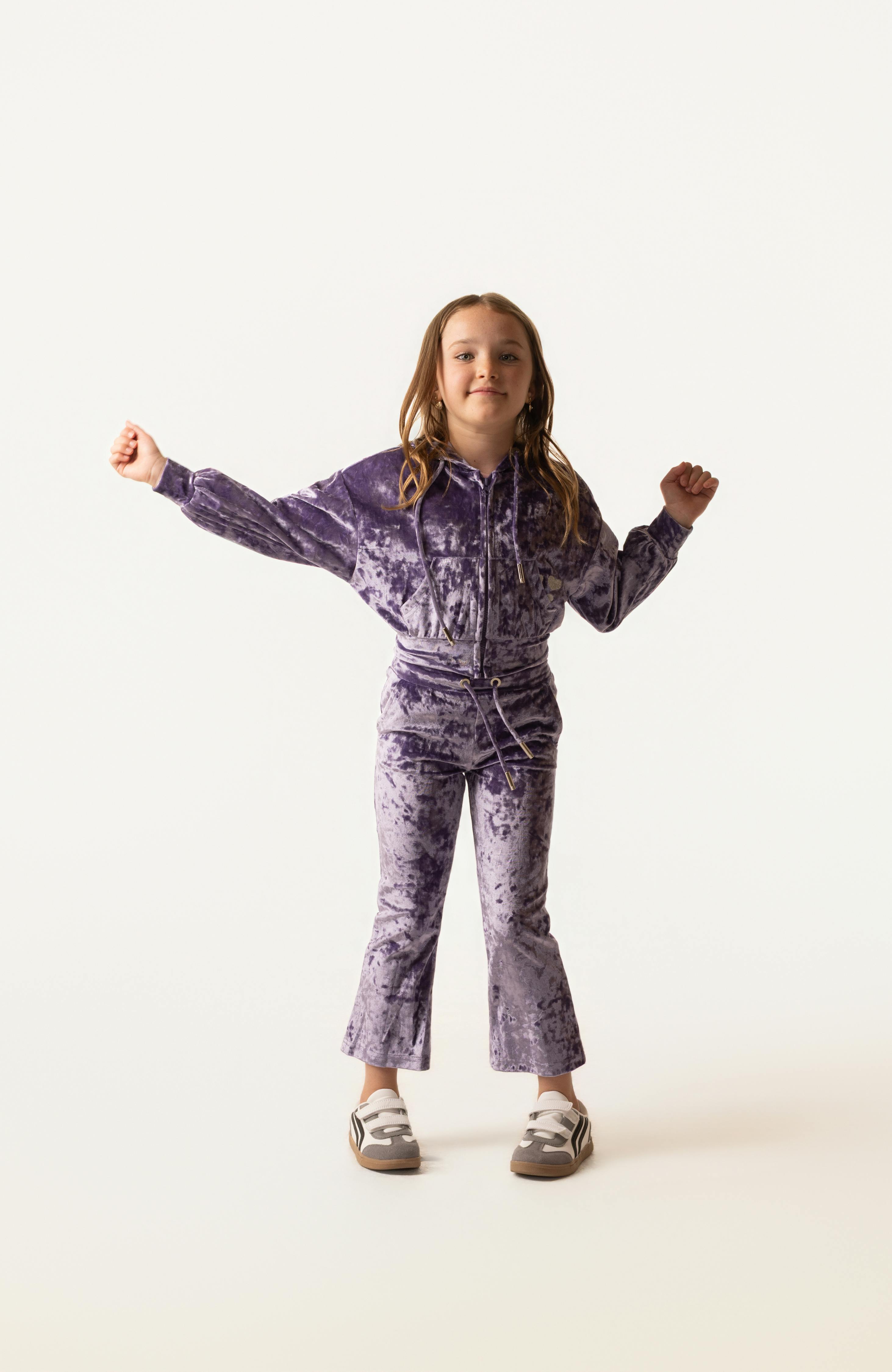 Velvet Zip Hoodie with Embroidered Hearts, Purple