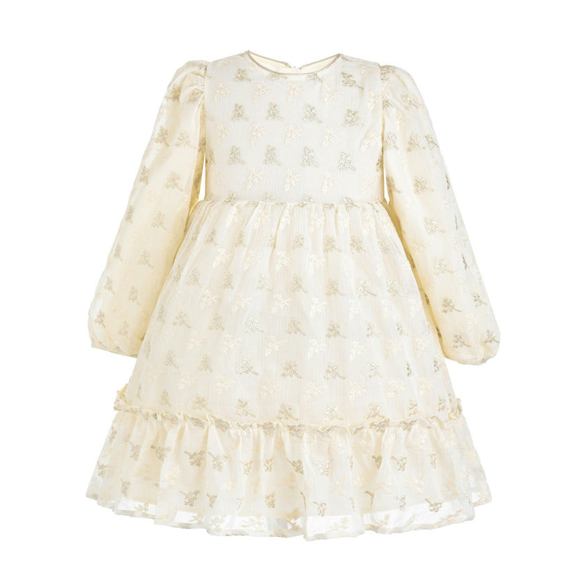 Cream Gold Motif Ruffle Dress