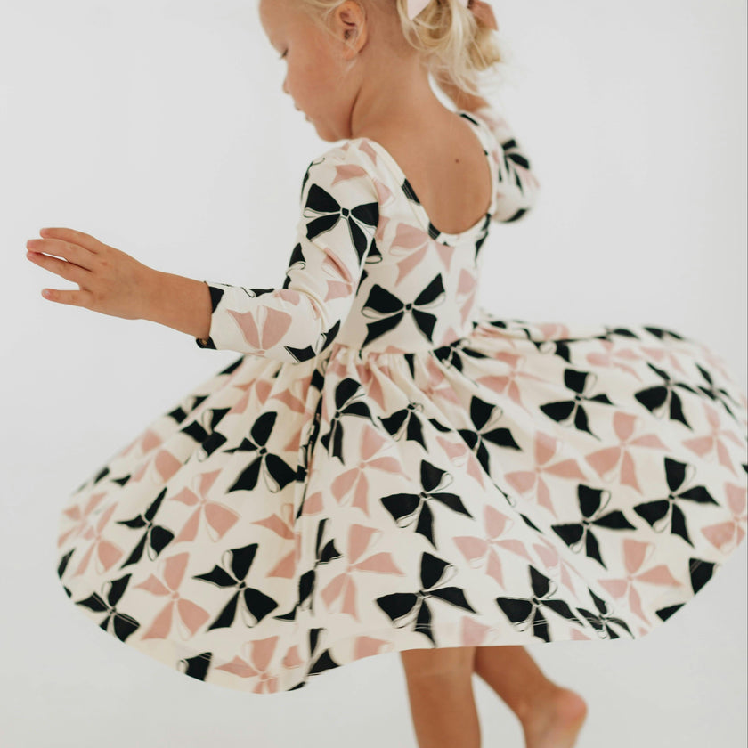 3/4 Sleeve Twirl Dress in Vintage Pink and Black Bows